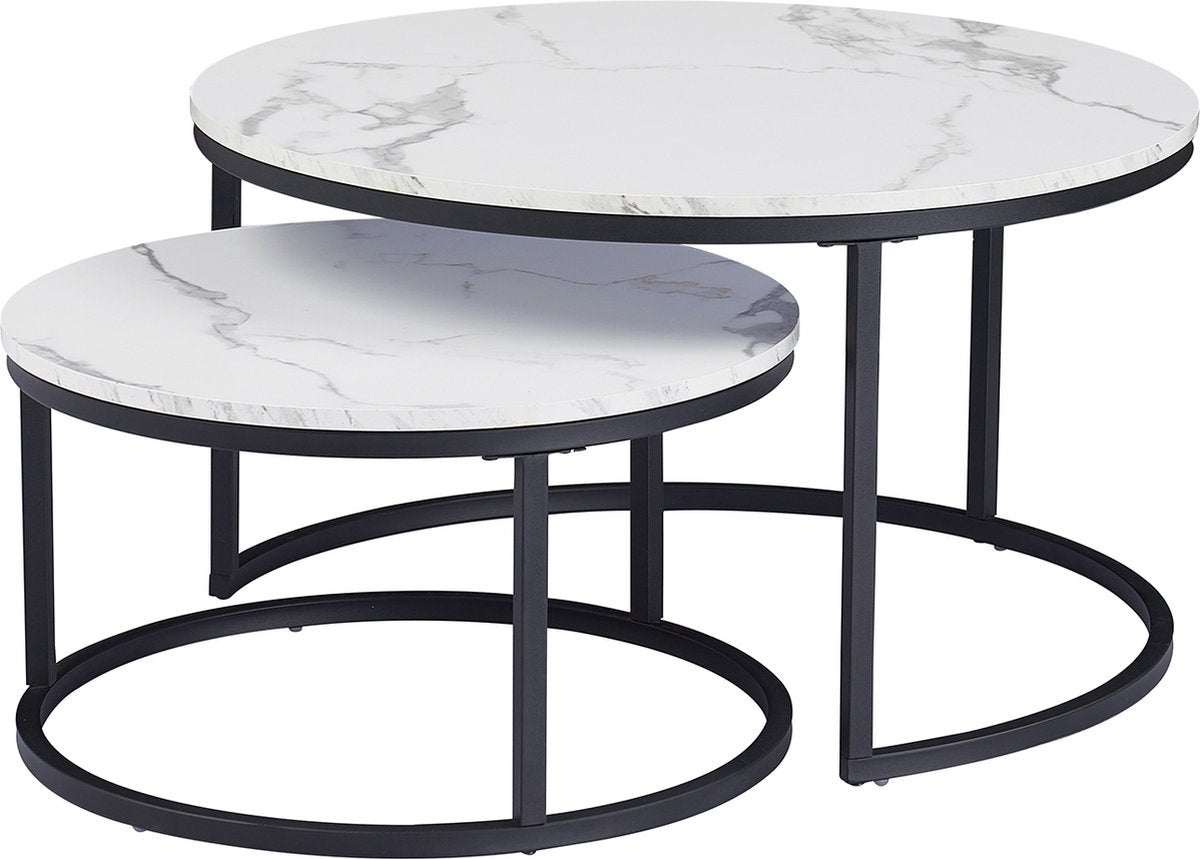 Salontafel - Marmour Look - Zwart Frame - Set van 2 - Rond - Luxe Ontwerp