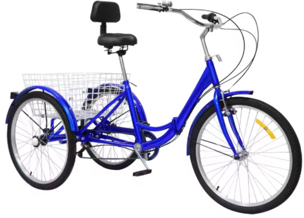 Opulence Driewieler Zico - 7 versnellingen - Fiets voor volwassenen en senioren - 24 Inch - Opvouwbare Trike - Met mand - Voorrem - Blauw