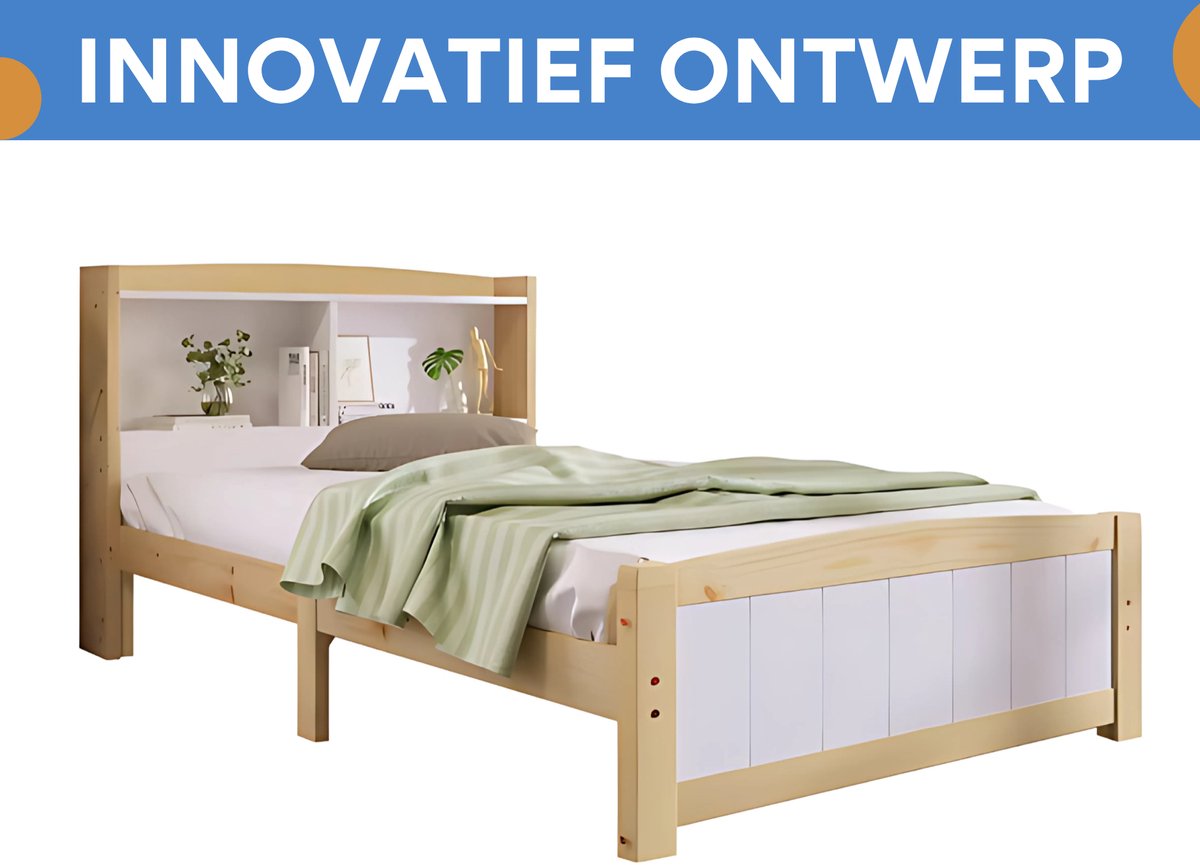 Eenpersoonsbed - Kinderbed - Kinderbedden - Voor Kinderen of Jeugd - Met Opberghoofdeinde & Lattenbodem - Grenenhout in Natuurlijk Wit - 90x200cm