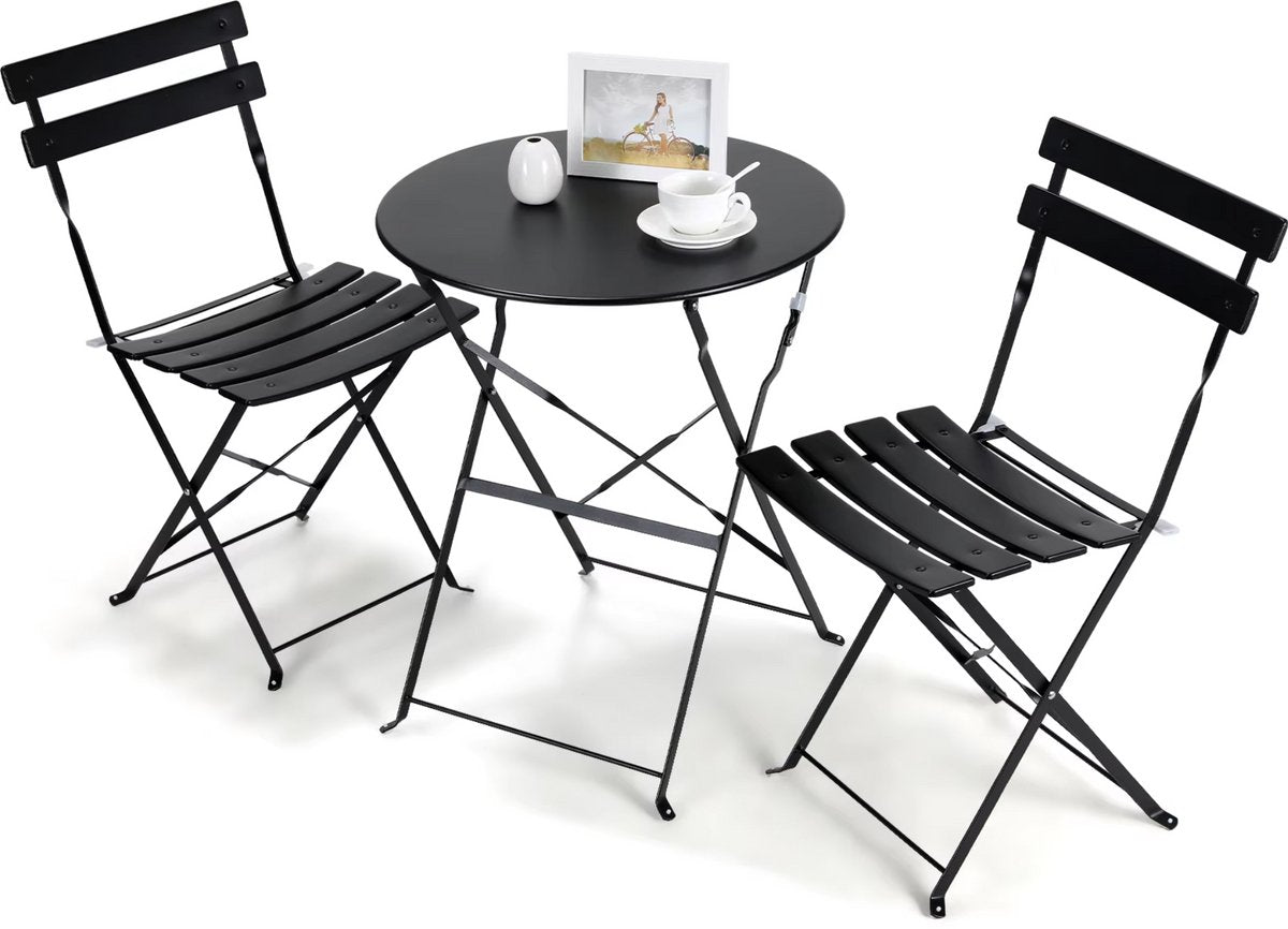 Bistroset 2 persoons - Metaal - Tuinset - Met bistrostoeltjes - 3-delig - Tuintafel - Zwart