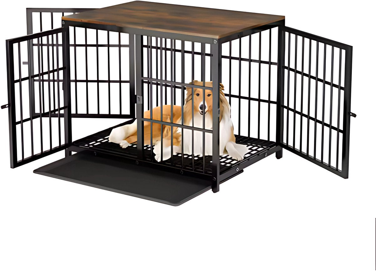Zware Hondenkennel - Voor Huisdieren - Metalen Hondenkrat met Houten Meubelstijl - Hondenbench - Zwart - 78cm