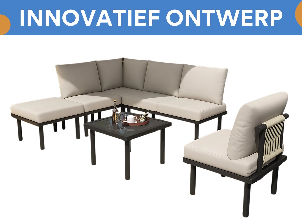 6-delig Tuin Loungeset - Tuinmeubelset - Voor Buiten & Terras - Met Glazen Tafelblad & Kussens - Touwgaas & IJzeren Frame