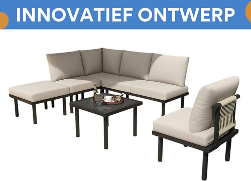 6-delig Tuin Loungeset - Tuinmeubelset - Voor Buiten & Terras - Met Glazen Tafelblad & Kussens - Touwgaas & IJzeren Frame