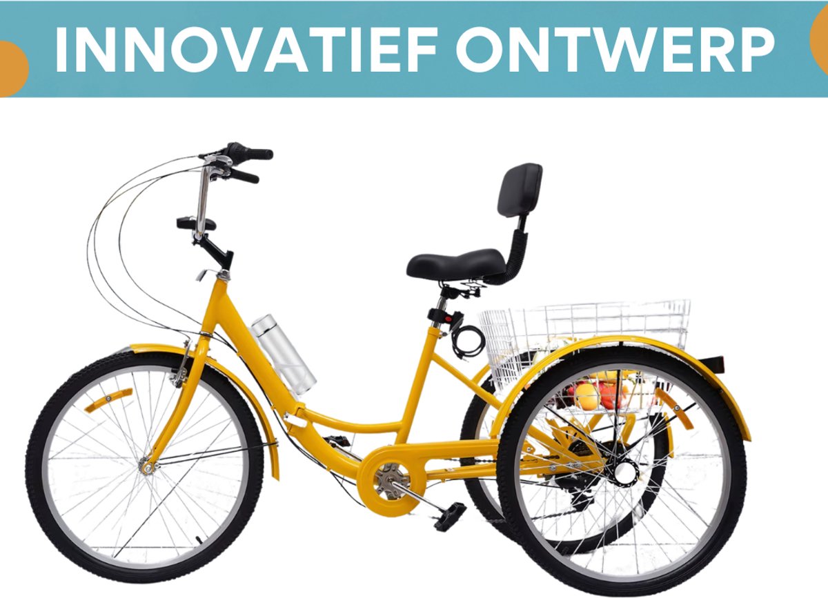 Driewieler Zita - 7 versnellingen - Fiets voor volwassenen en senioren - 24 Inch - Opvouwbare - Verstelbaar - Met mand - Voorrem - Geel