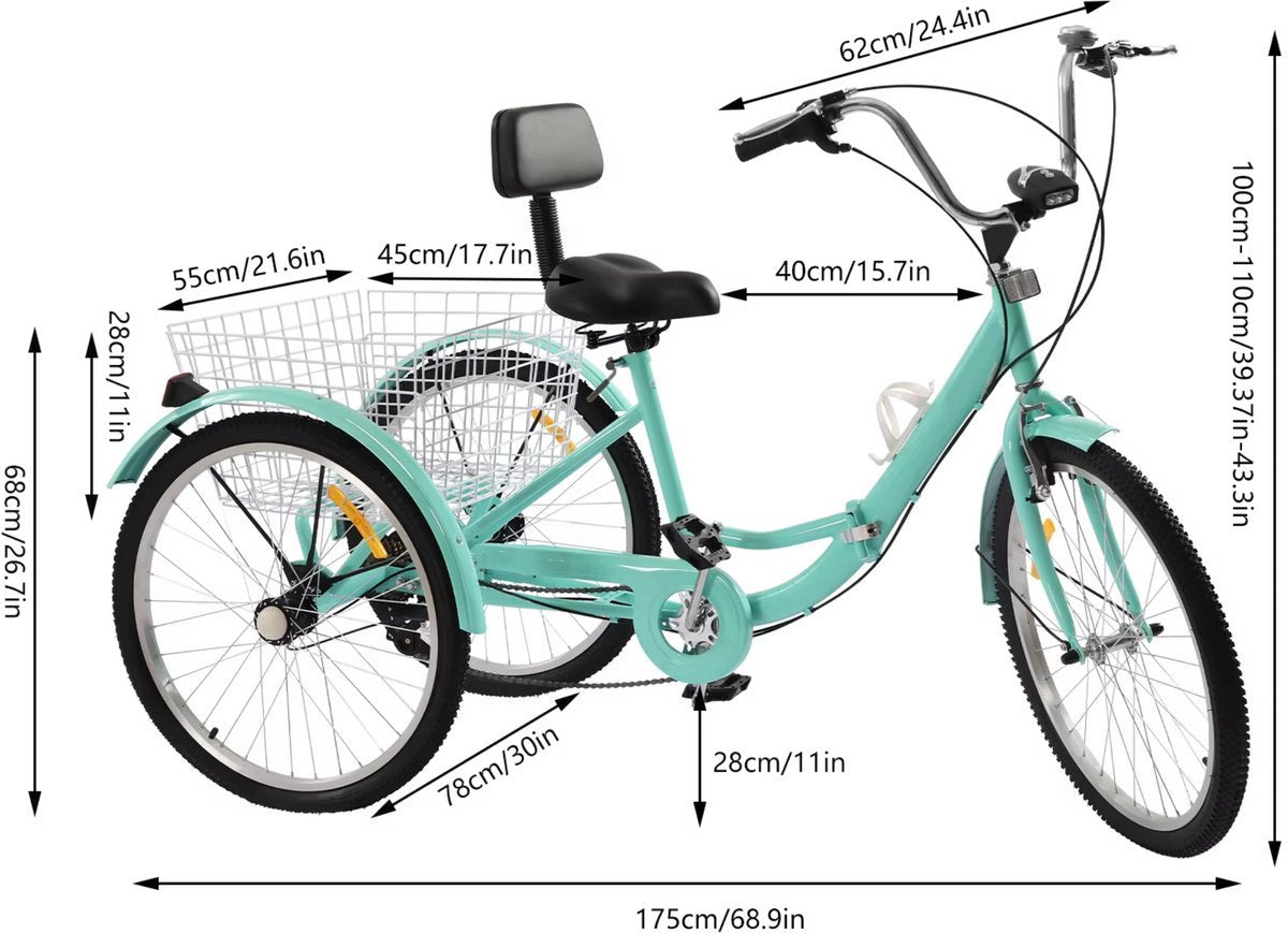 Opulence Driewieler 7 versnellingen - Fiets voor volwassenen en senioren - 24 Inch - Opvouwbare Trike - Met mand en LED Verlichting - Groen
