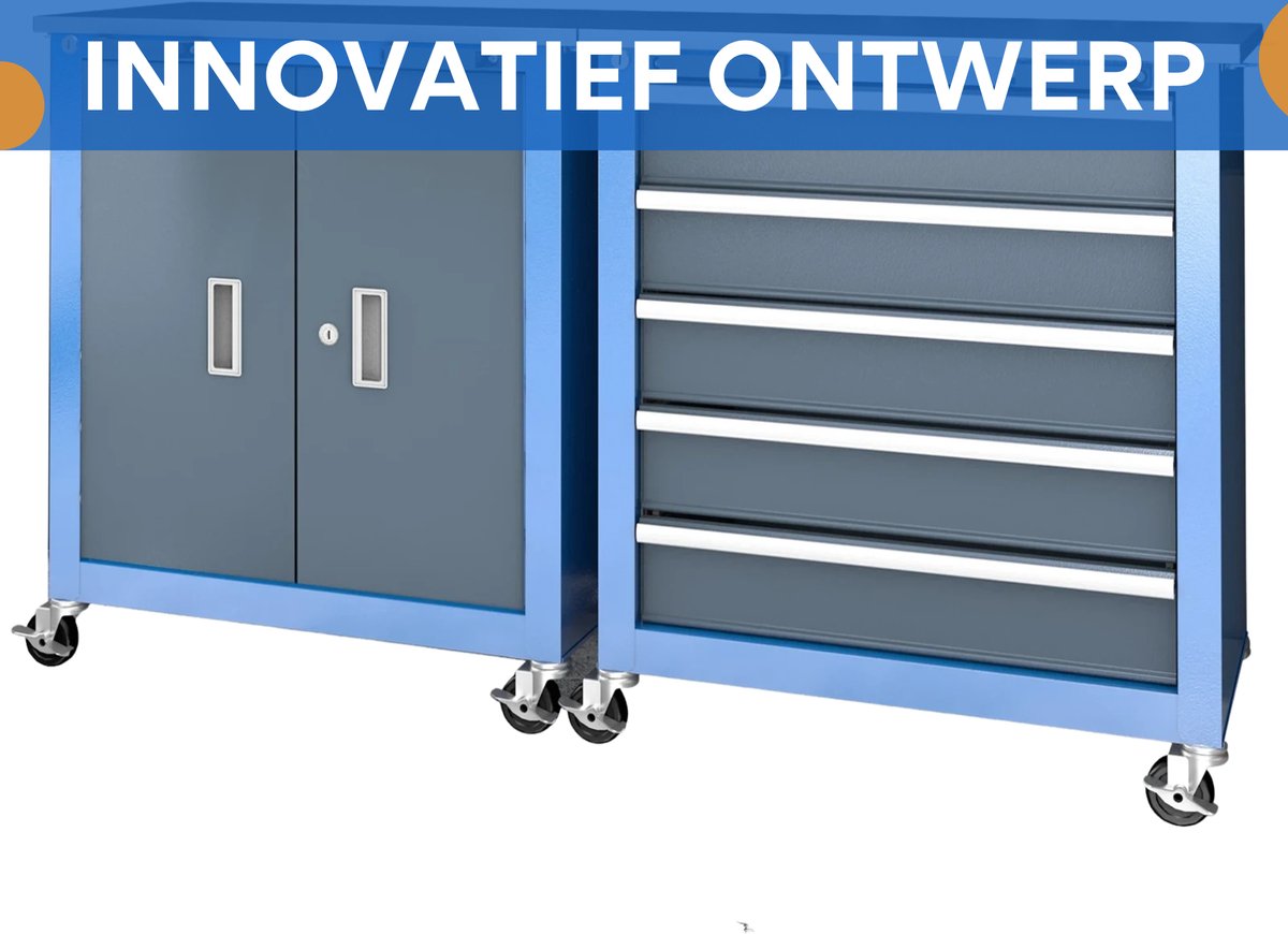 Dubbele Gereedschapskast op wielen - 2 vakken en 5 lades - Draagbaar - Voor monteurs - Gereedschapskist - Afsluitbaar - Zwart