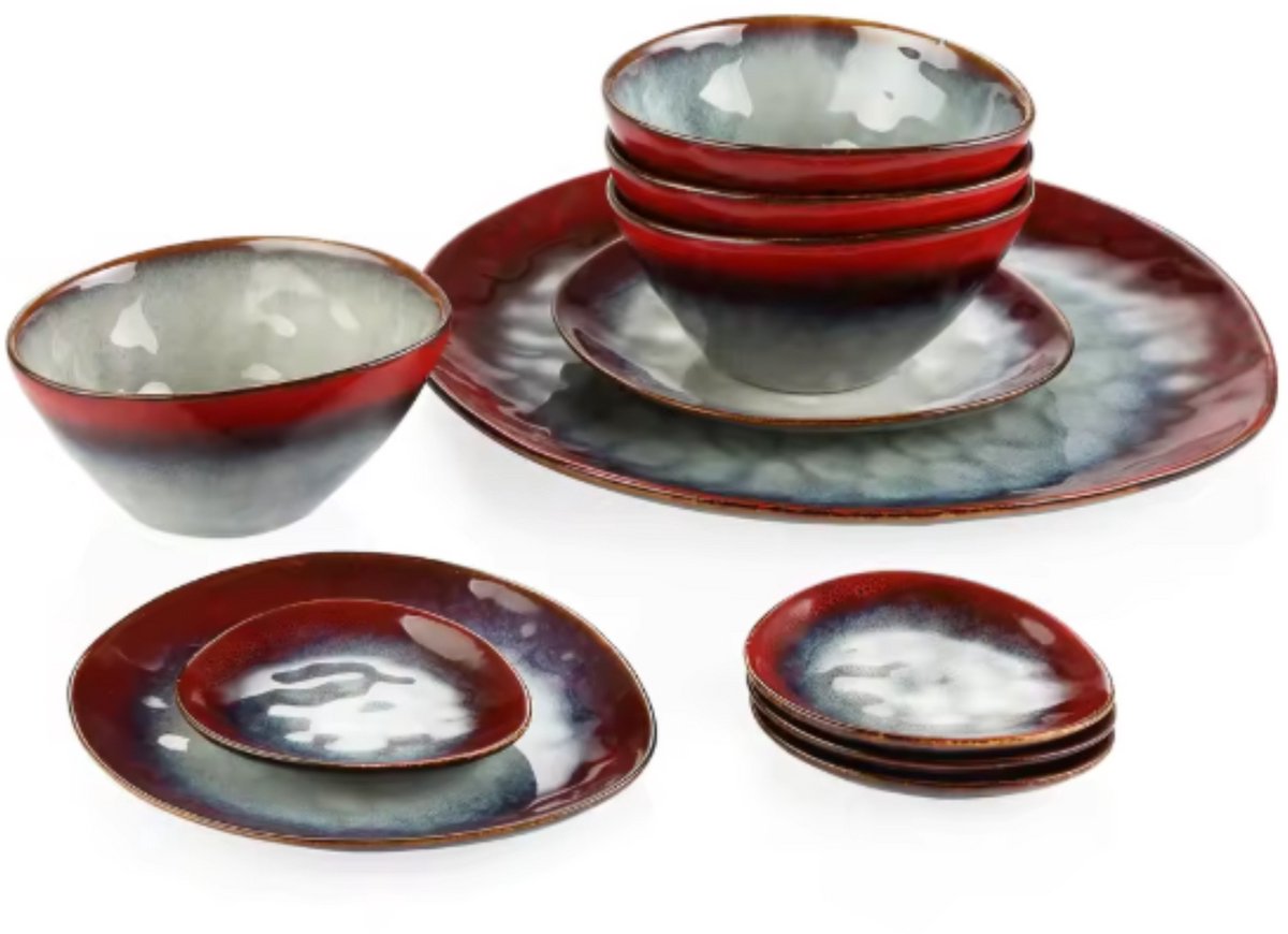 Vittoria Serviesset - 11 delig - Lava rood - Dinerborden - Bordenset - Diepe borden - Ontbijtborden - Servies - Keukenservies