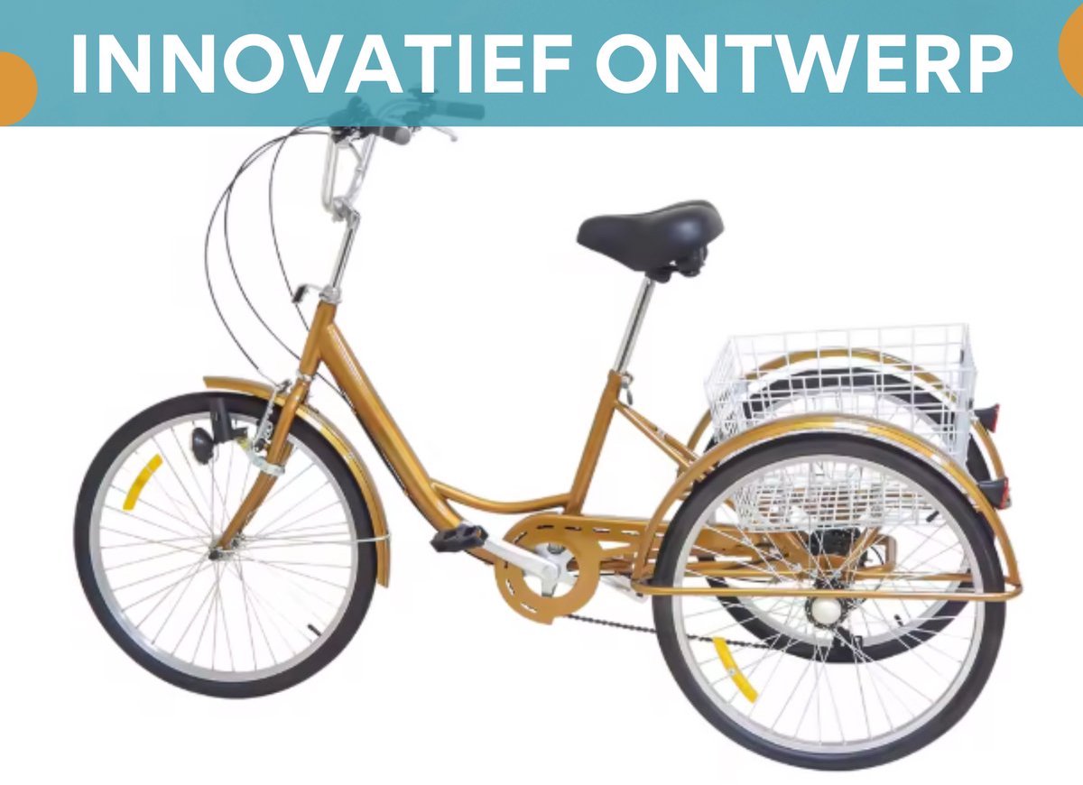Driewieler Vortex 6 versnellingen - Fiets voor volwassenen en senioren - 24 Inch - Opvouwbare Trike - Met mand - Voorrem - Goud
