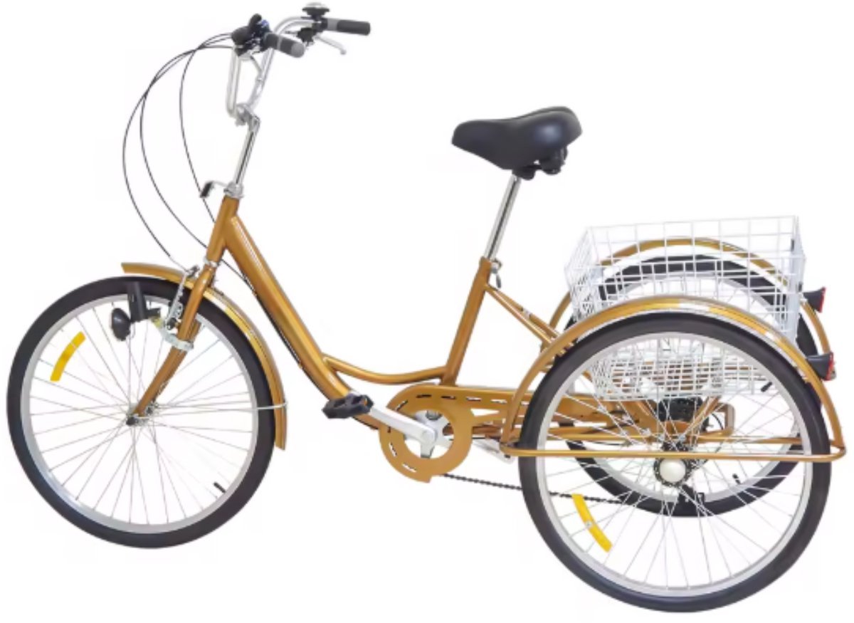 Driewieler Vortex 6 versnellingen - Fiets voor volwassenen en senioren - 24 Inch - Opvouwbare Trike - Met mand - Voorrem - Goud