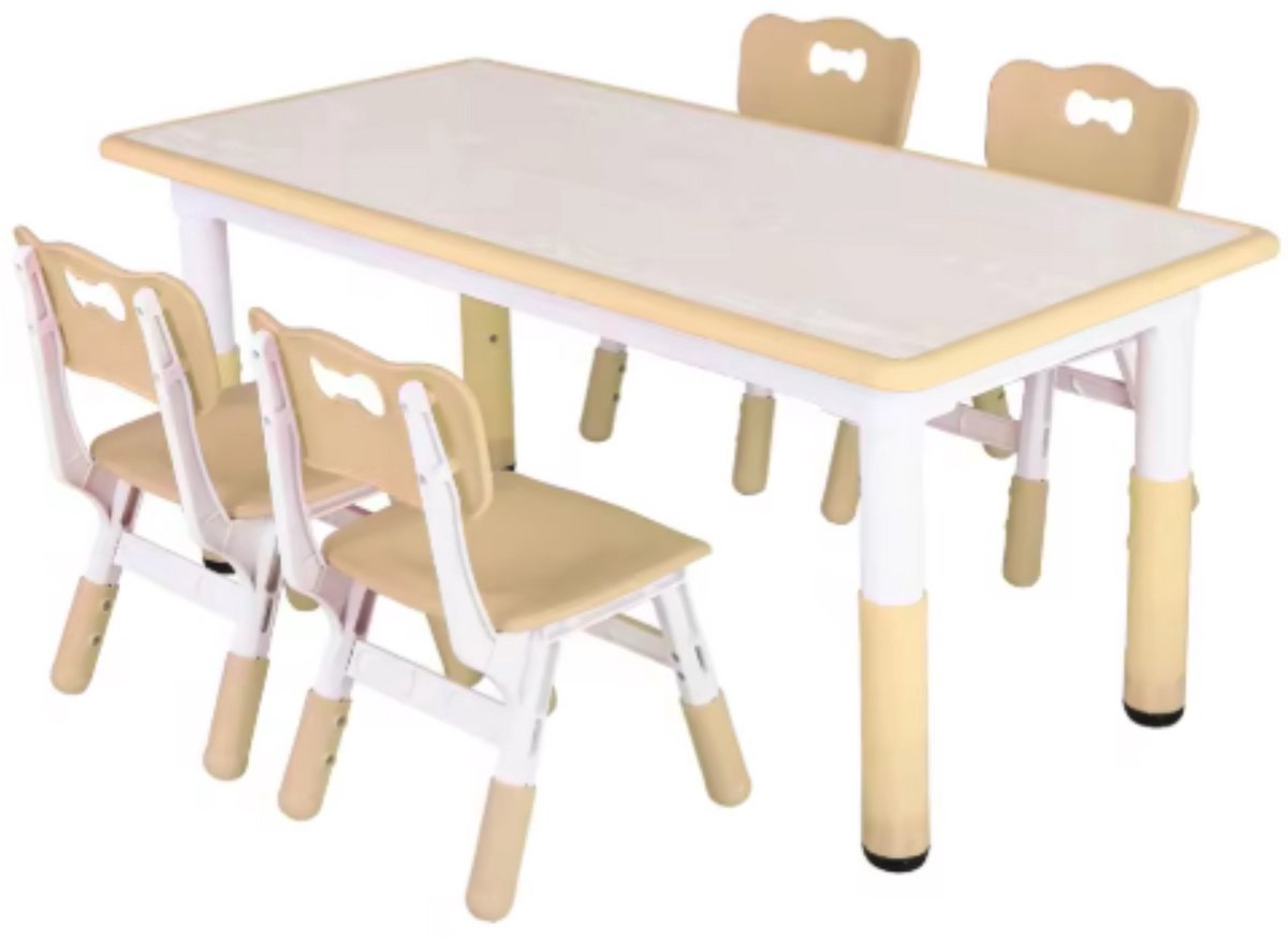 Kindertafel Valora en 4 Stoelenset - Voor Peuters en Kleuters - In Hoogte Verstelbaar - Multifunctioneel voor Studie, Schrijven & Spelen - Duurzaam Kunststof - Geel - 120x60cm