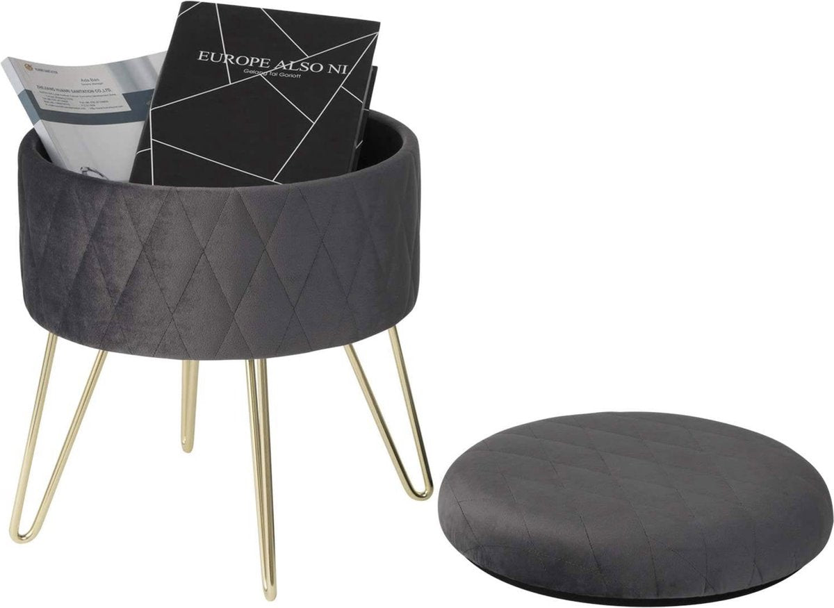 Happyment Poef deluxe - Voetenbank met opbergruimte - Donkergrijs - Opbergbox hocker - Zitkist met deskel - Velvet - 31.5x31.5x36cm