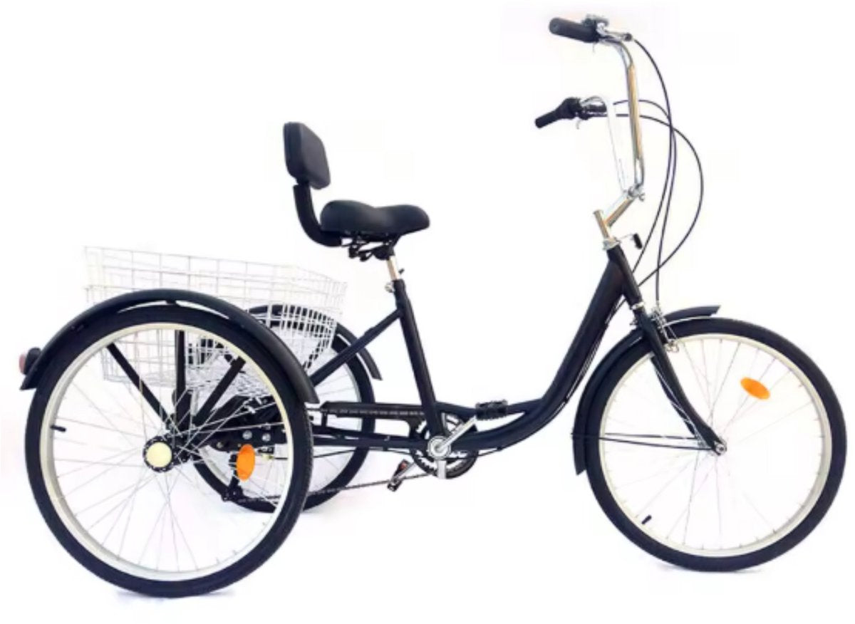 Driewieler voor volwassenen - 6 versnellingen - Fiets voor senioren - 24 Inch - Met mand - Voorrem - Zwart