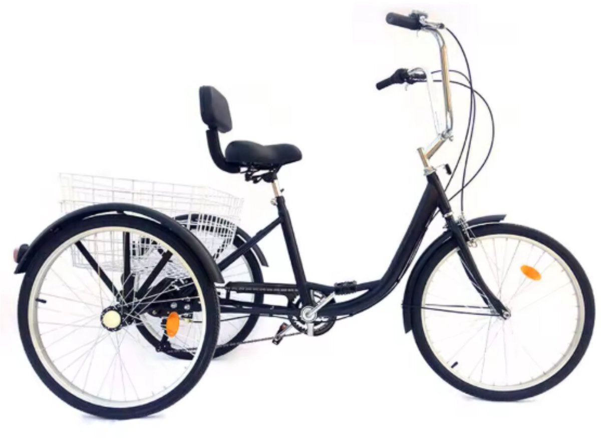 Driewieler Fioren voor volwassenen - 6 versnellingen - Fiets voor senioren - 24 Inch - Met mand - Voorrem - Zwart