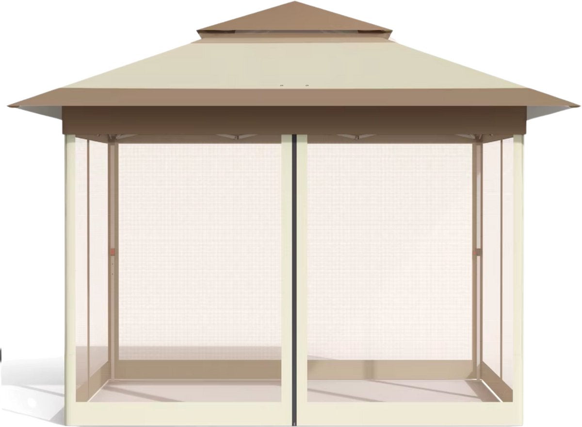 Tuinhuisje voor Buiten - Met 4 Afneembare Klamboes, UV- en Regendicht - Pop-up Patio Tuinhuisje met Dubbele Dakrand - Opvouwbaar - 3,3 x 3,3 m - Khaki