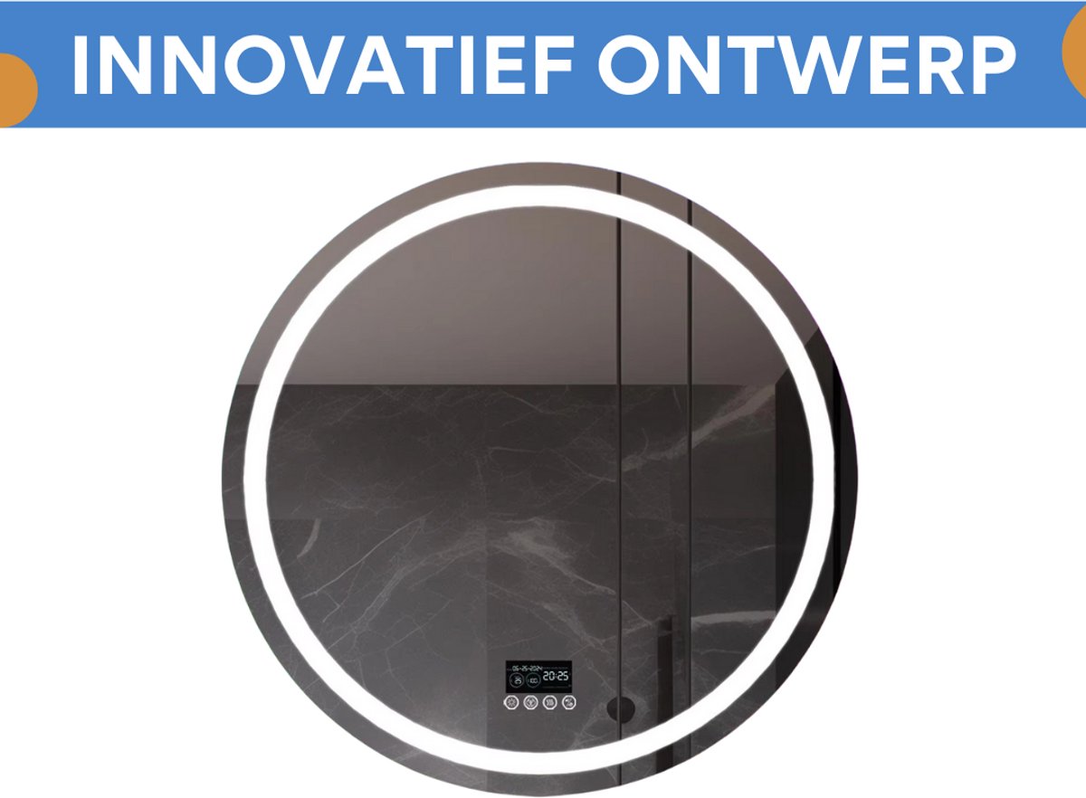 Badkamerspiegel Musica - Met verwarming en LED verlichting - Bluetooth en muziek - Rond - Geen condens - Spiegel voor badkamer - 80x80cm
