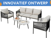 Tuinmeubelset - Loungeset - Tuinlounge Lounge Set - 3-zits Sofa met Fauteuils & Banktafels - Handgevlochten Touw & Marmeren Glasplaat - Grijs Stalen Frame