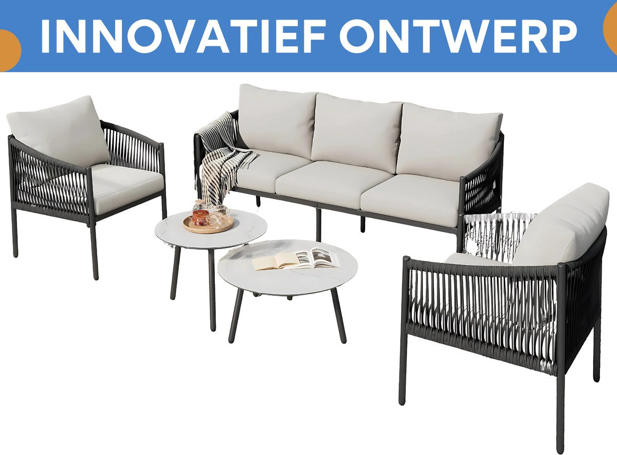 Tuinmeubelset - Loungeset - Tuinlounge Lounge Set - 3-zits Sofa met Fauteuils & Banktafels - Handgevlochten Touw & Marmeren Glasplaat - Grijs Stalen Frame
