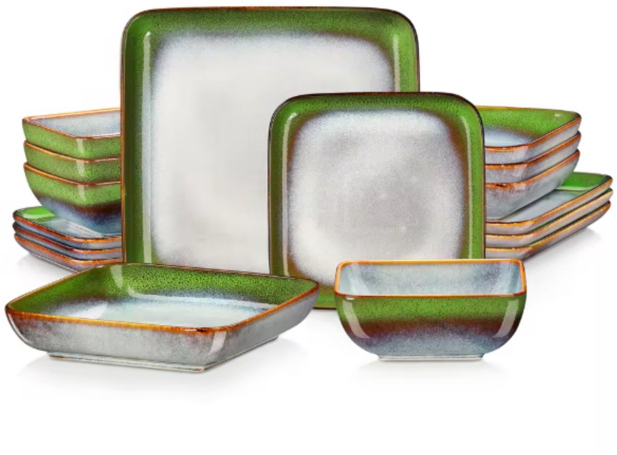 Ornate Bordenset – 4 persoons – 16 delig – Keramisch groen – Dinerborden – Breakfast Plates