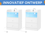 Nachtkast met RGB lichten - Wit - Slaapkamer - Met ingebouwde usb oplaadpoorten - Set van 2