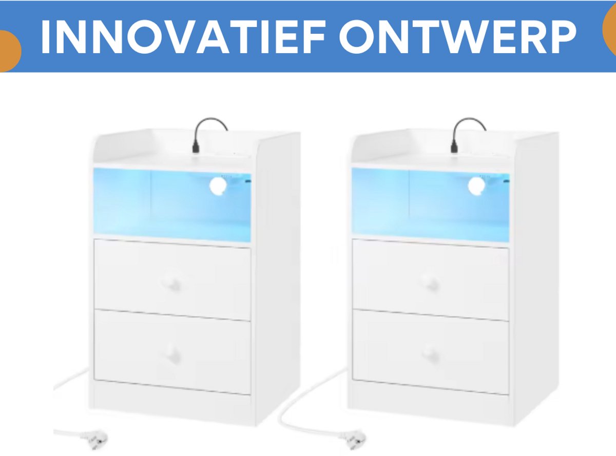 Nachtkast met RGB lichten - Wit - Slaapkamer - Met ingebouwde usb oplaadpoorten - Set van 2