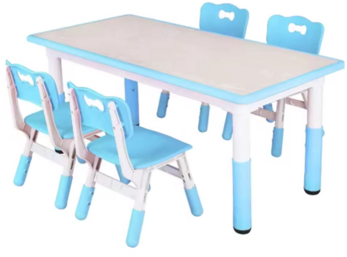 Kindertafel Tavien en 4-Stoelenset - In Hoogte Verstelbare Tafel voor Peuters voor Studie, Schrijven en Spelen - Activiteitstafel en Stoelen voor Kinderen - Blauw - 120x60cm