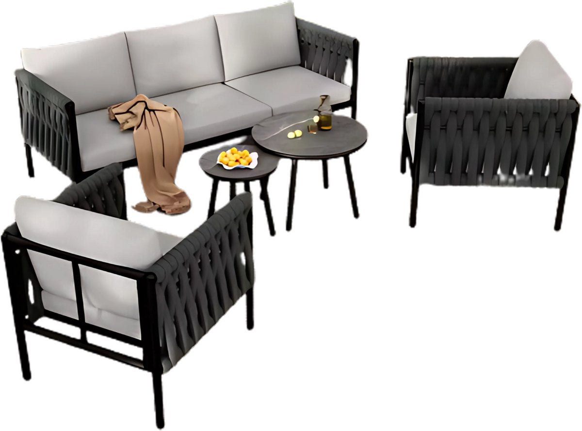 Tuinmeubelset - Loungeset - Tuinlounge Lounge Set - Lounge Set - Voor Tuin, Terras of Balkon - 3-zits Sofa, 2 Fauteuils & 2 Tafelbanken - Dik Touw & Gaasdesign met Gemarmerde Glasplaat - Gegalvaniseerd Staal