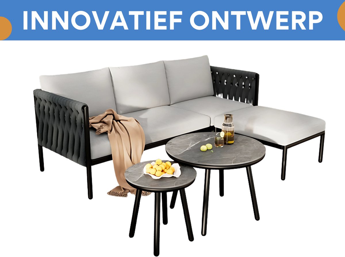 Tuinmeubelset - Loungeset - Tuinlounge Lounge Set - Voor Tuin, Zwembad of Terras - Sofa, 2 Salontafels & Voetkruk - Dik Touw & Marmeren Tafel