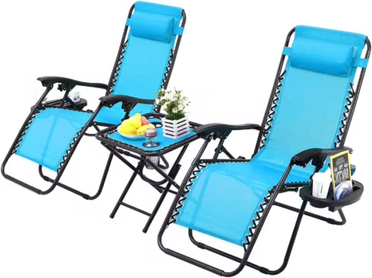 Ligstoelen Milano - Blauw - Tuinstoelen - Verstelbare tuinstoel en ligstoel - Met tafel - 2 personen - 90°-160° - Tuin - Metaal