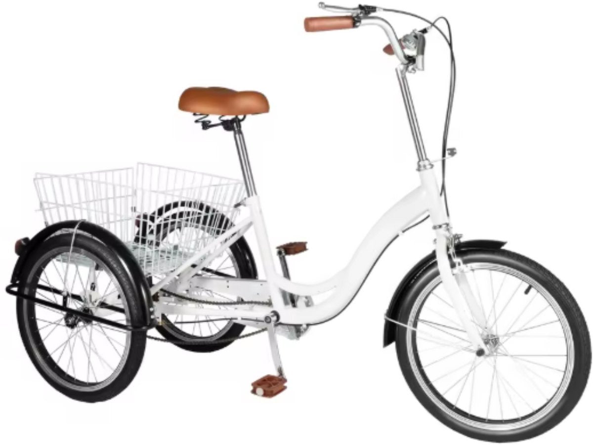 Opulence Driewieler - 6 versnellingen - Fiets voor volwassenen en senioren - 20 Inch - Verstelbaar - Met mand - Voorrem - Wit - 120KG