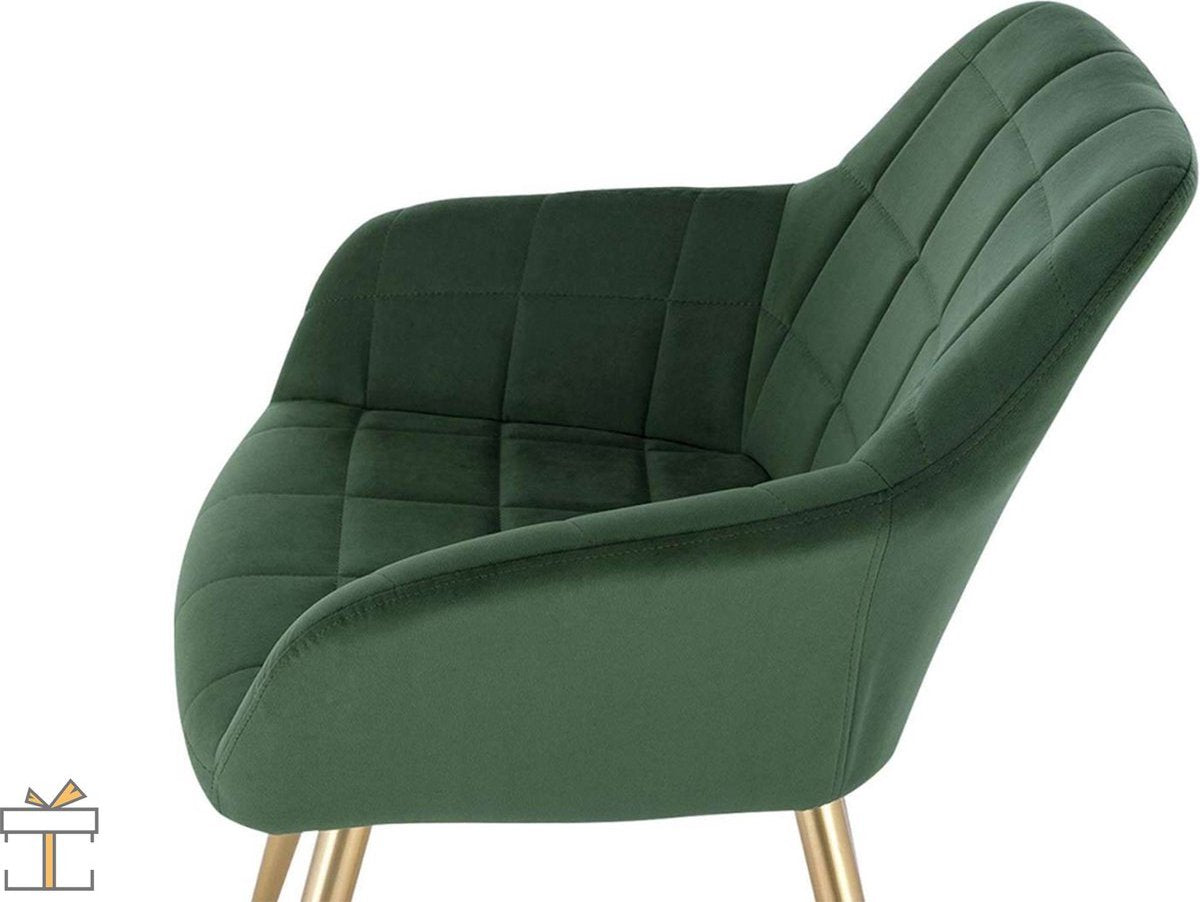 Eetkamerstoel - Velvet Groen/Goud - Met armleuning - Fauteuil stijl - Set van 1