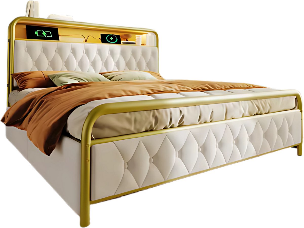 Bed - Tweepersoonsbedden - Tweepersoonsbed - Twijfelaar - USB C Oplaadfunctie APP-bediening LED Metalen bed bedframe 4 Laden Fluweel - 140x200cm