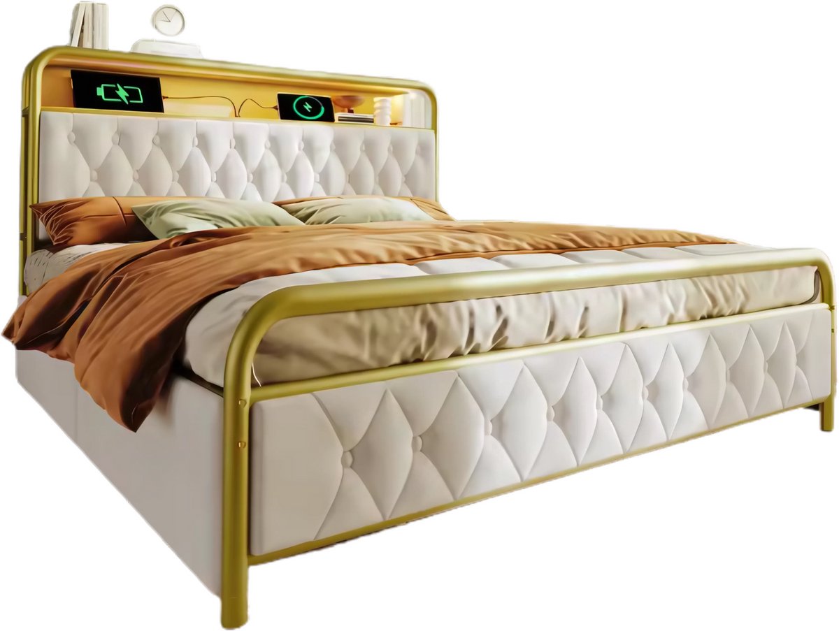 Bed - Tweepersoonsbedden - Tweepersoonsbed - Voor Slaapkamer - Met USB-C Oplaadfunctie, LED-verlichting & App-bediening - Metalen Bedframe met 4 Laden - Fluwelen Bekleding - 160x200cm