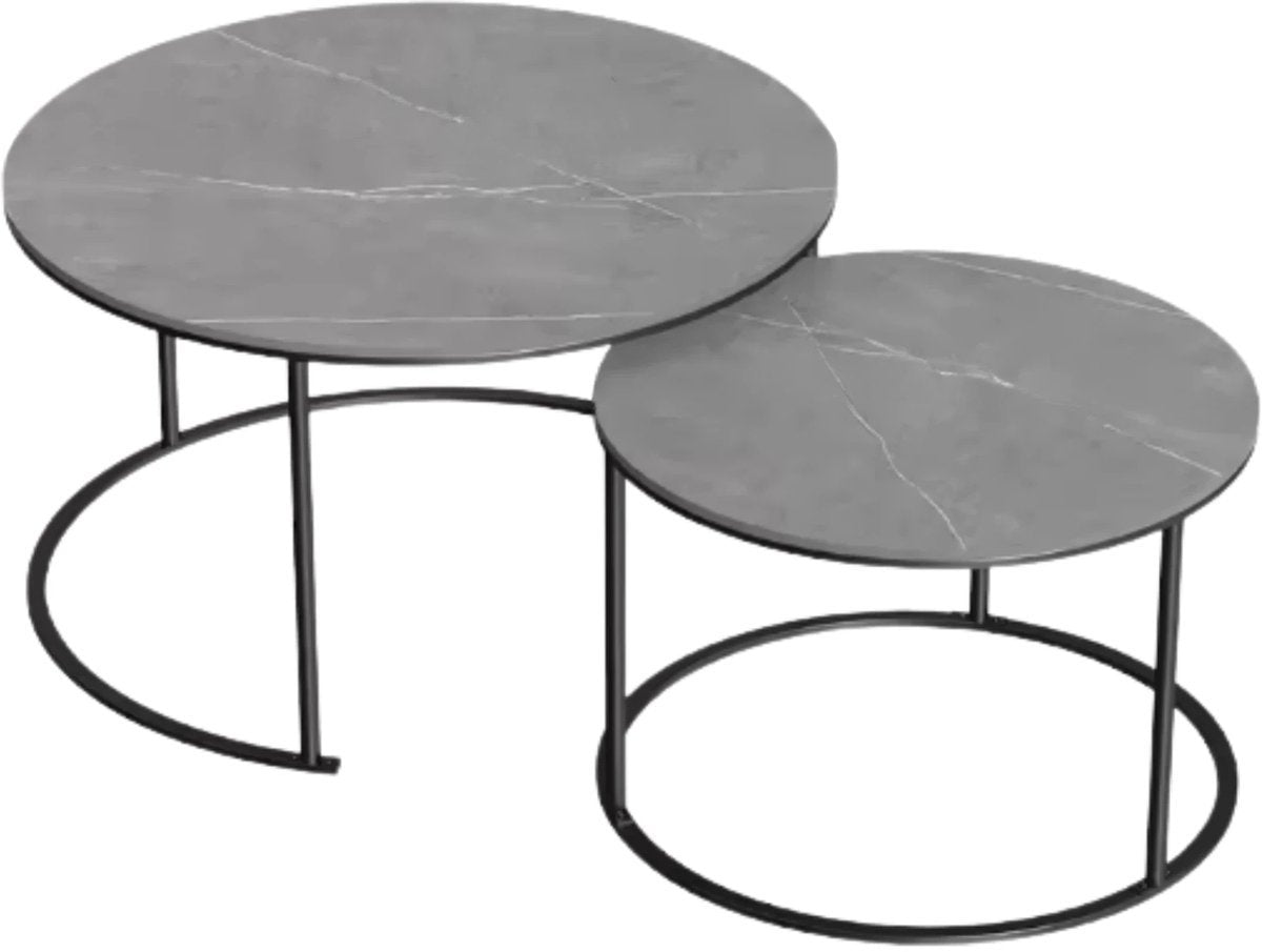 Salontafel Venetia Fioren - Ronde salontafel - Set van 2 - Marmer tafelblad - Bijzettafel woonkamer - Metalen poten - Grijs