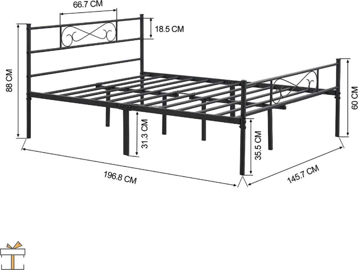 Happyment Luxe Bedframe Metaal - 2 persoons twijfelaar - 140 x 200cm - Incl. lattenbodem - Zwart