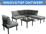 6-delig Tuin Loungeset - Tuinmeubelset - Voor Buiten & Terras - Met Glazen Tafelblad & Kussens - Touwgaas & IJzeren Frame - Grijs