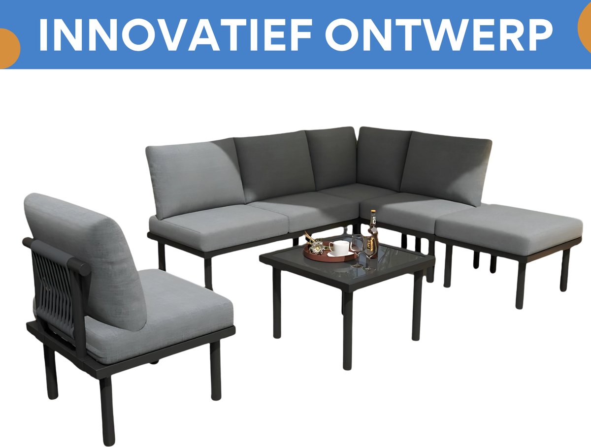 6-delig Tuin Loungeset - Tuinmeubelset - Voor Buiten & Terras - Met Glazen Tafelblad & Kussens - Touwgaas & IJzeren Frame - Grijs