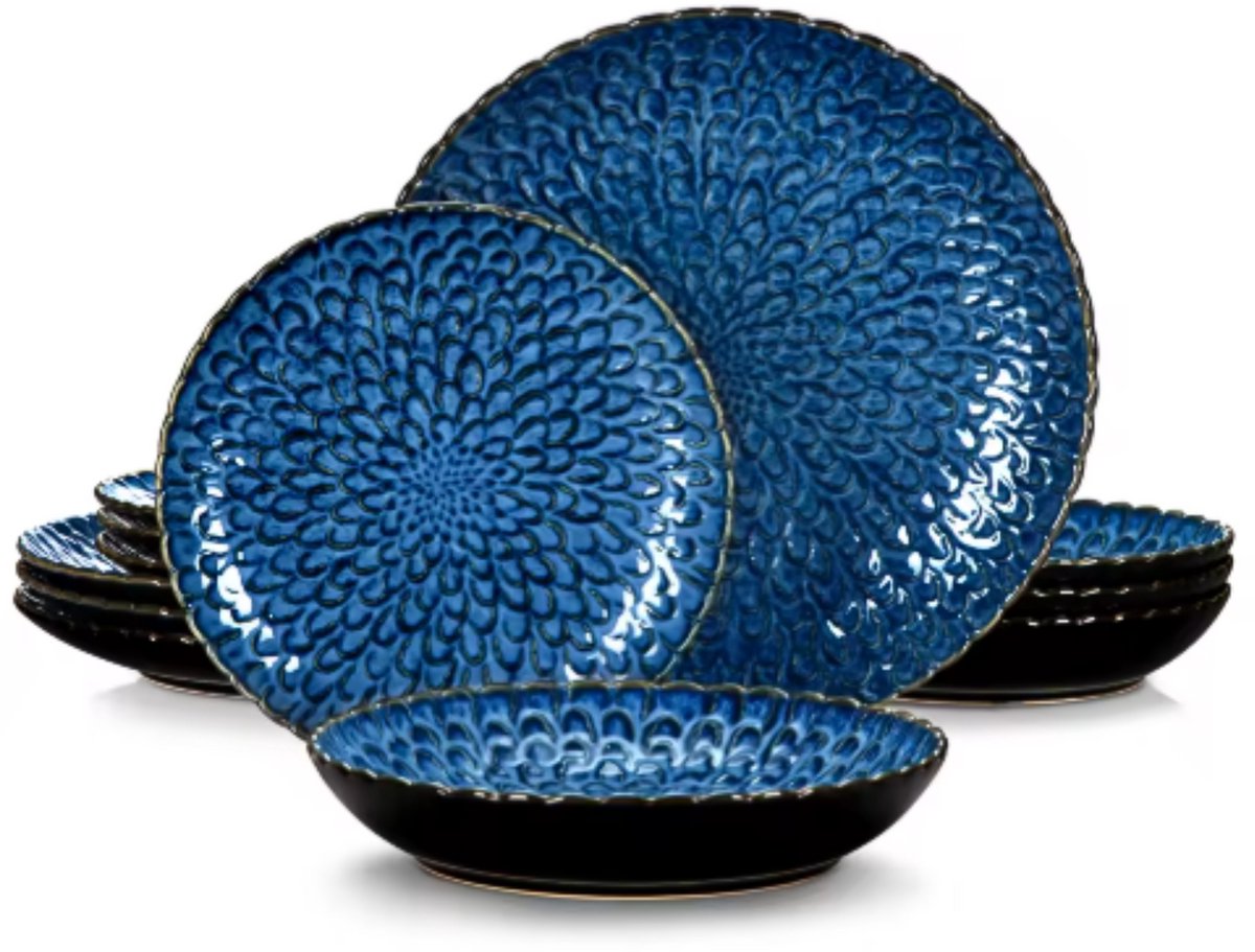 Prestigious Bordenset – 6 persoons – 12 delig – Blauw Keramisch – Dinerborden – Ontbijtborden