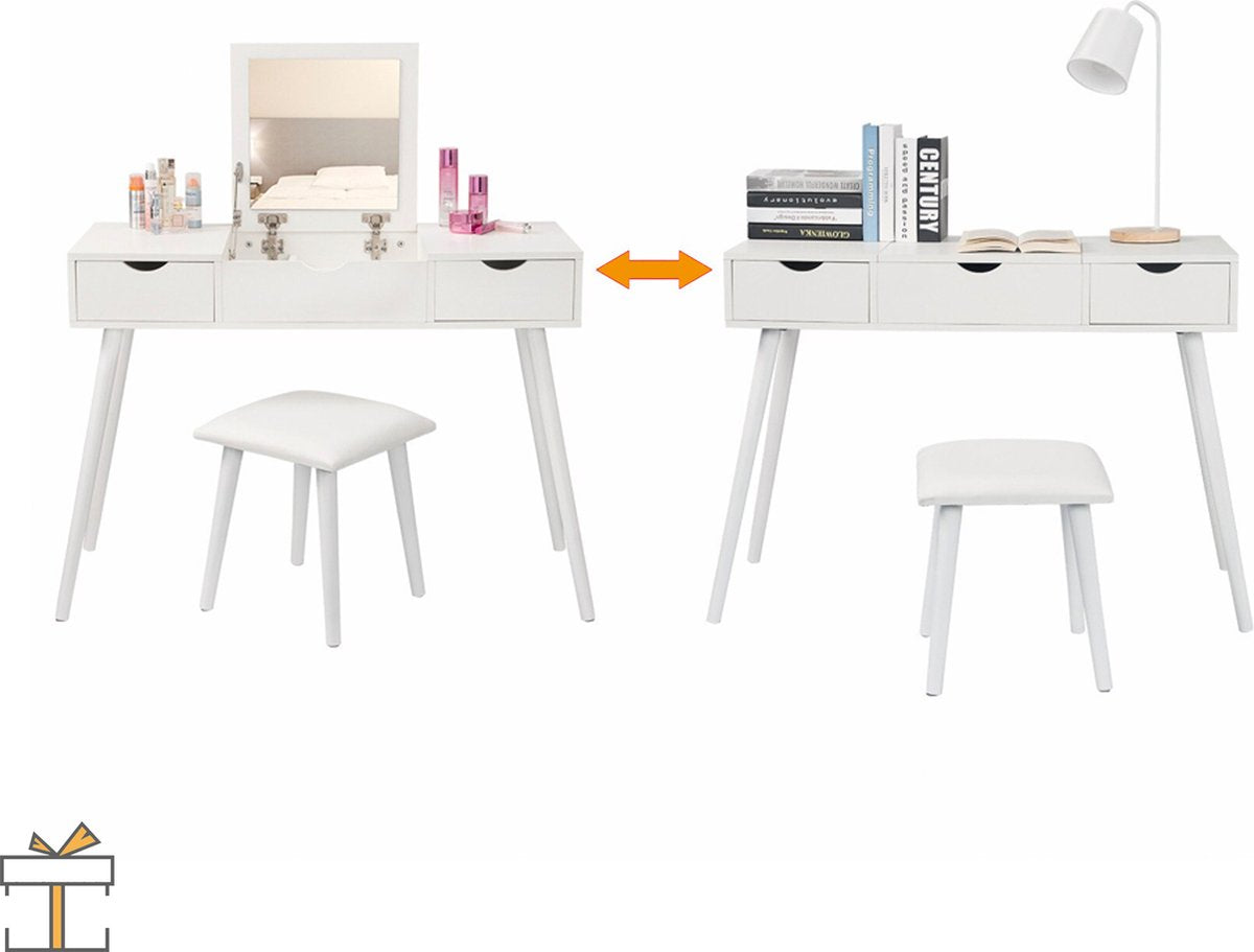 Happyment® Luxe kaptafel met spiegel - Wit - Make up tafel voor meisjes - Kinderen & volwassenen - 100x40x75cm