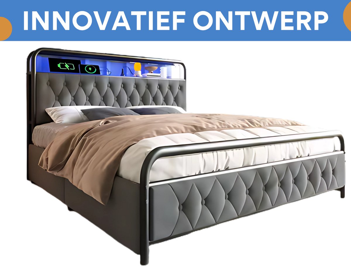Bed - Tweepersoonsbedden - Tweepersoonsbed - USB C Oplaadfunctie APP-bediening LED Metalen bed - 140x200 - bedframe 4 Laden Fluweel