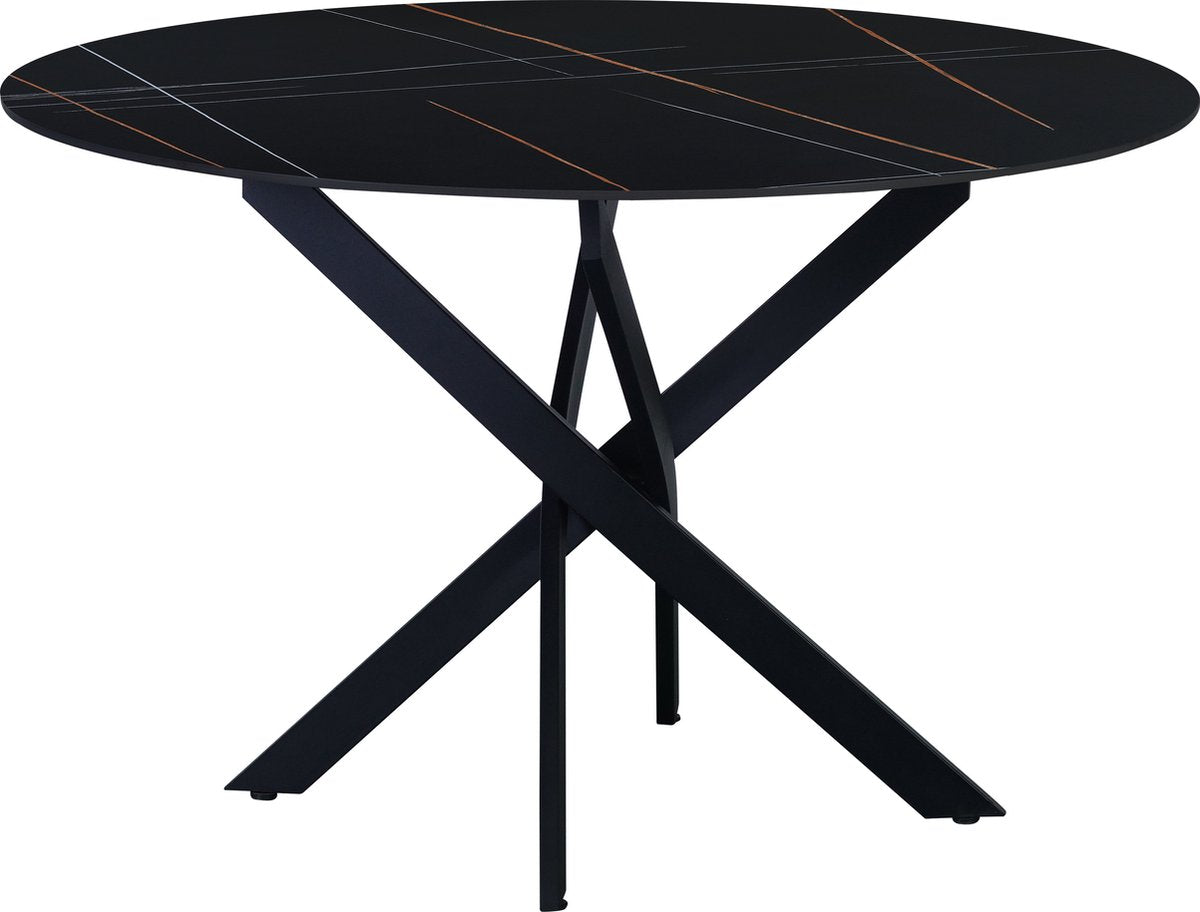 Happyment Eetkamertafel Rond - Tuintafel zwart - 4 personen - Marmerlook - - Eettafel - 110x110x76cm - Ook voor buiten