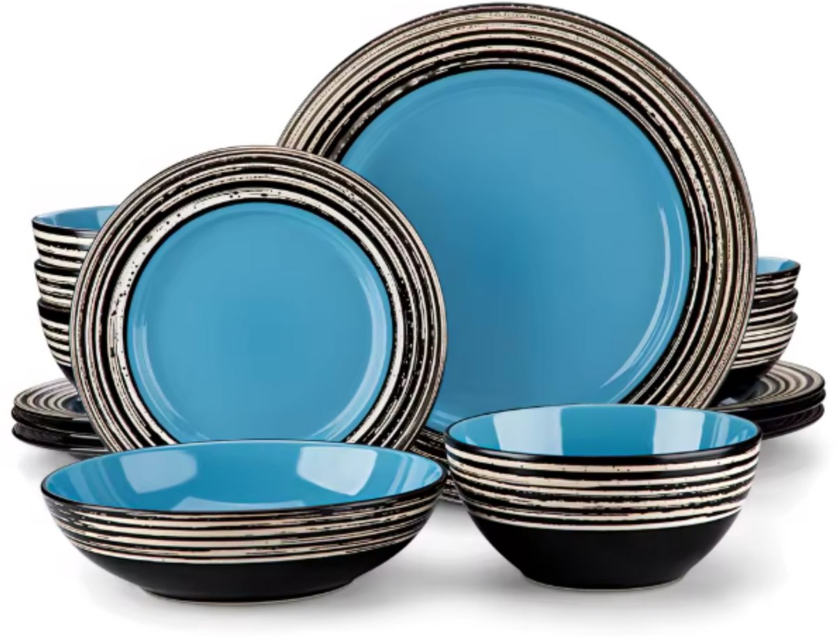 Sorella Serviesset - 16 delig - 4 persoons - Blauw - Dinerborden - Bordenset - Diepe borden - Ontbijtborden - Servies - Keukenservies