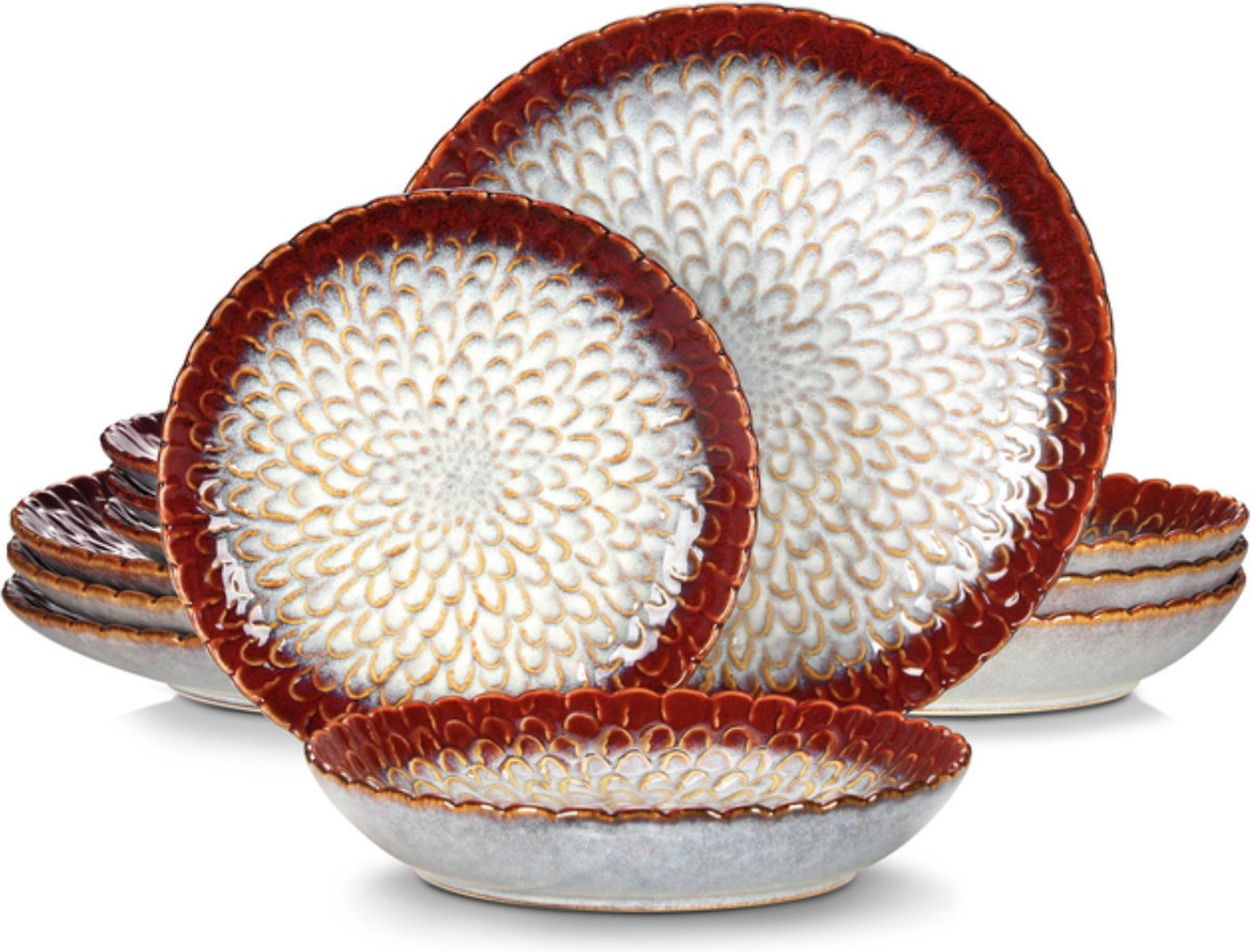 Happyment Luxe Serviesset - 4 Persoons - Porselein - 12 Delig - Bordenset 4 persoons - Bordenset 12 delig - Rood
