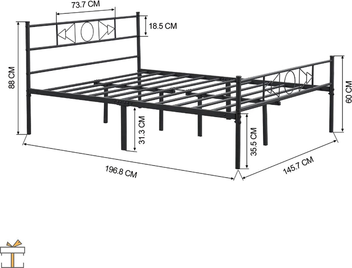 Metalen Bedframe - 2 persoons - 140x200cm - Incl. lattenbodem - Zwart