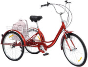 Driewieler Tavien 6 versnellingen - Fiets voor volwassenen en senioren - 24 Inch - Opvouwbare Trike - Met mand - Voorrem - Rood