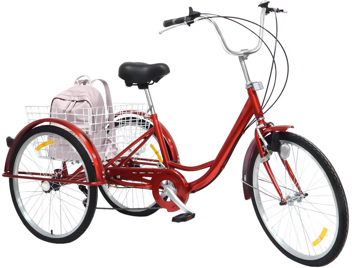 Driewieler Tavien 6 versnellingen - Fiets voor volwassenen en senioren - 24 Inch - Opvouwbare Trike - Met mand - Voorrem - Rood