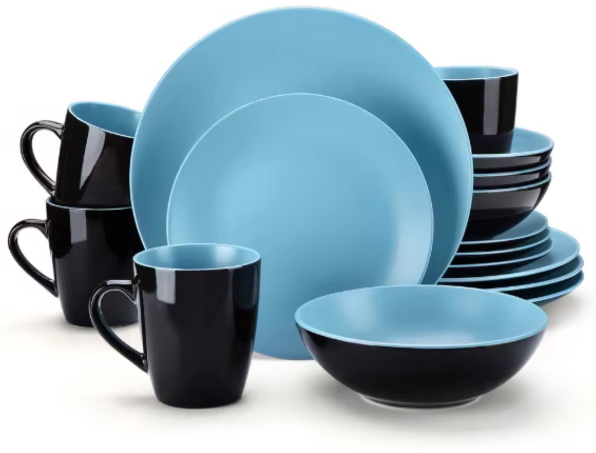 Averto Serviesset Fiorenzo - 48 delig - 12 persoons - Blauw/Zwart - Dinerborden - Bordenset - Diepe borden - Ontbijtborden - Servies - Keukenservies