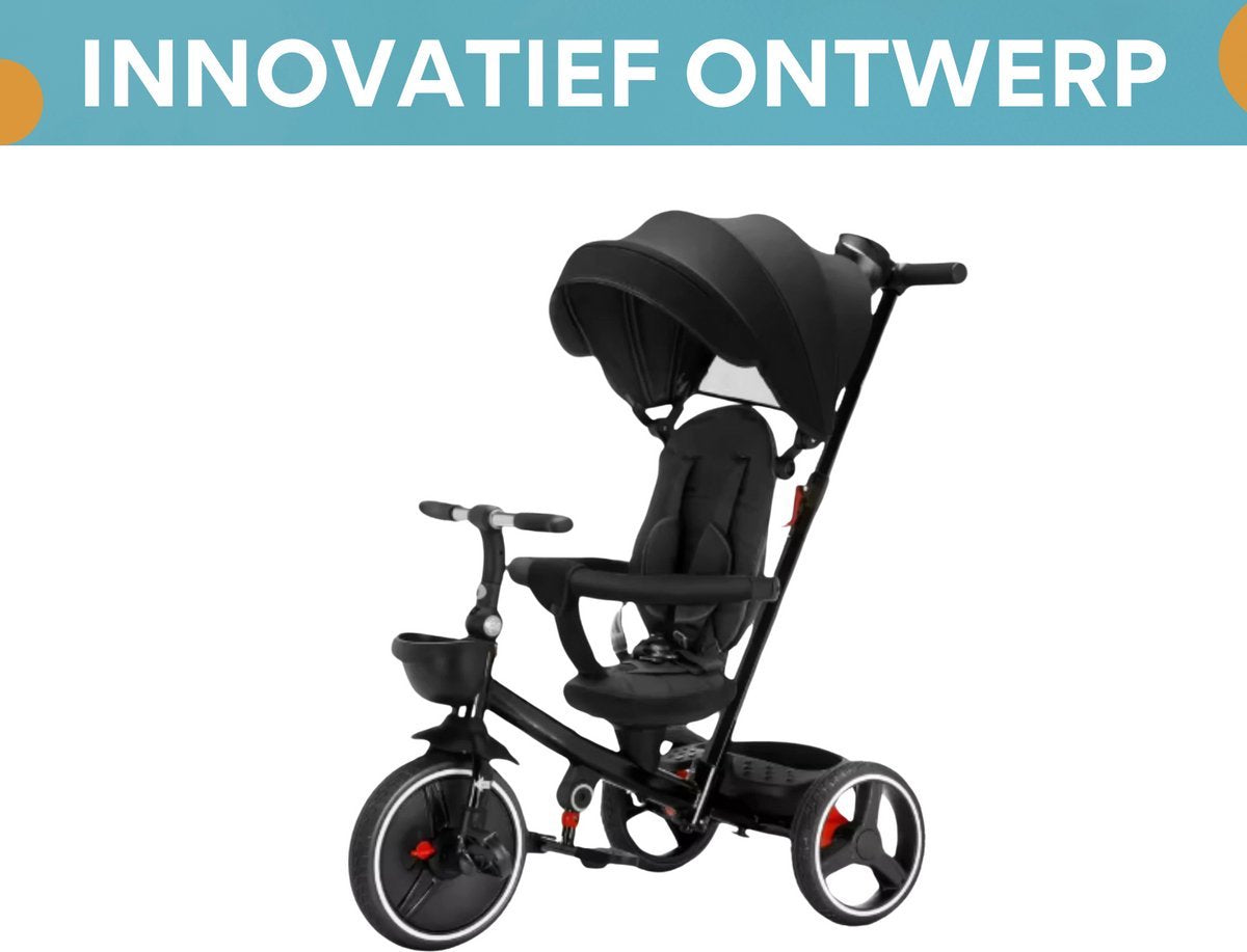 Opulence Baby driewieler 6-in-1 - Voor kinderen - Duwfiets met duwstang - Babyfiets - Loopfiets - Peuterfiets - Zwart