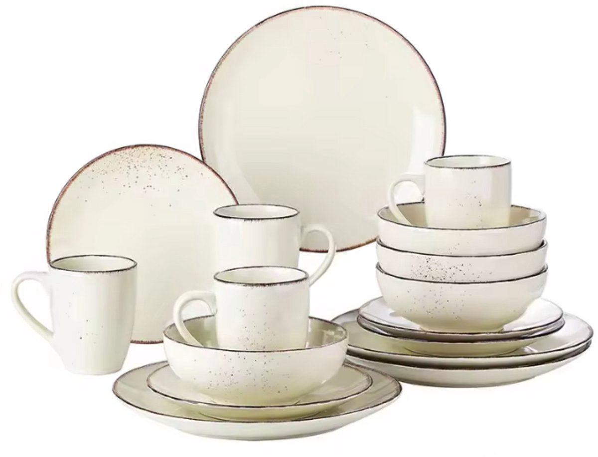 Vintage Dinerborden – Serviesset – 4 persoons – 16 delig – Wit met zwarte rand- Keramisch – Breakfast Plates – Luxe design