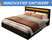 Bed - Tweepersoonsbedden - Tweepersoonsbed - Voor Slaapkamer - Functioneel Tweepersoonsbed met LED-verlichting, Lattenbodem & Opbergruimte - Zwart PU Lee - 160x200