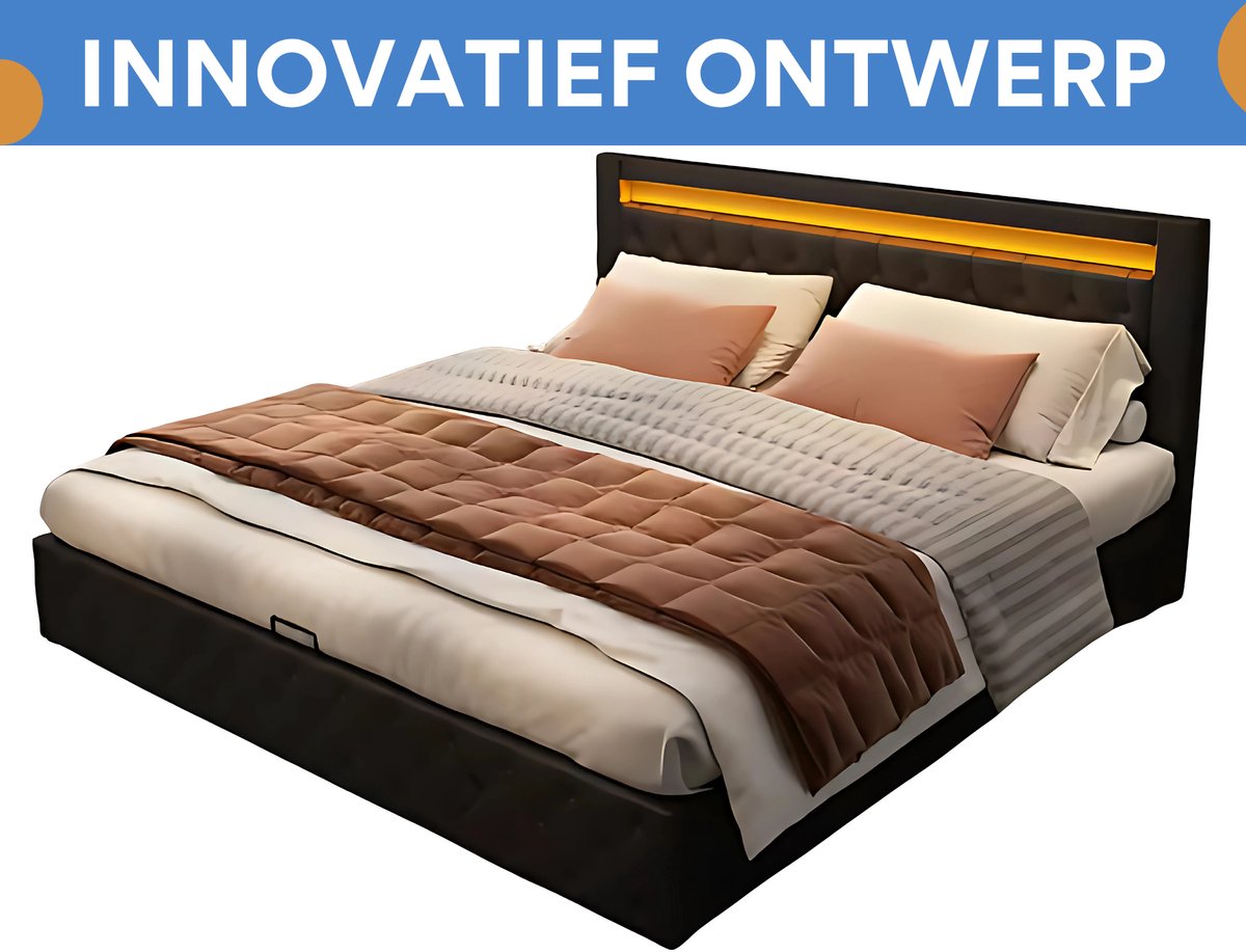 Bed - Tweepersoonsbedden - Tweepersoonsbed - Voor Slaapkamer - Functioneel Tweepersoonsbed met LED-verlichting, Lattenbodem & Opbergruimte - Zwart PU Lee - 160x200